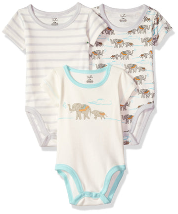 Touched By Nature Unisex Baby Organic Cotton Bodysuits, Mint Elephant 3-Pack, 9-12 Months