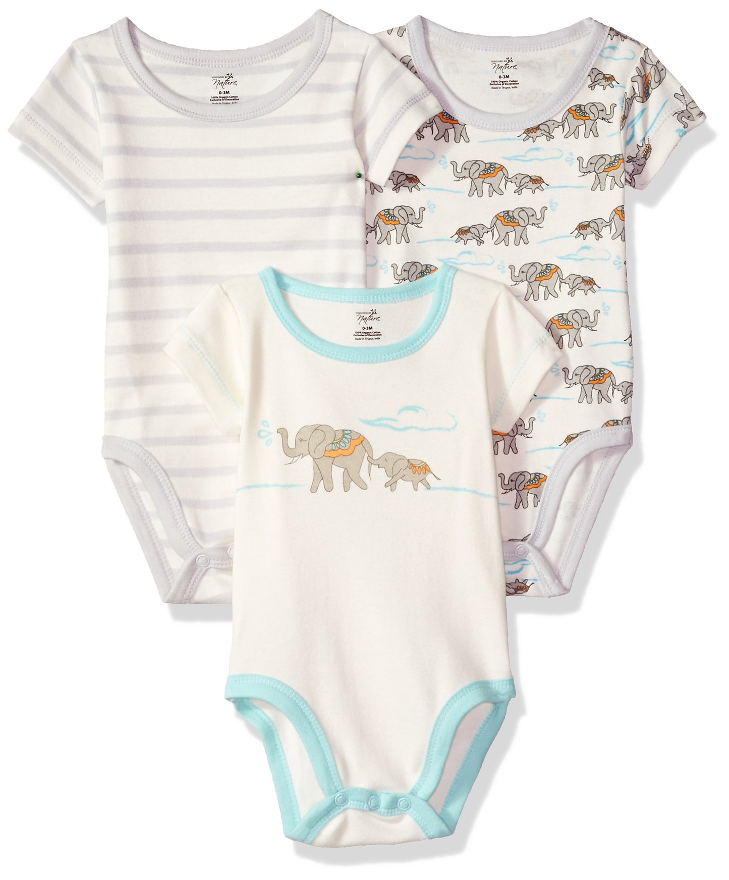 Touched By Nature Unisex Baby Organic Cotton Bodysuits, Mint Elephant 3-Pack, 3-6 Months