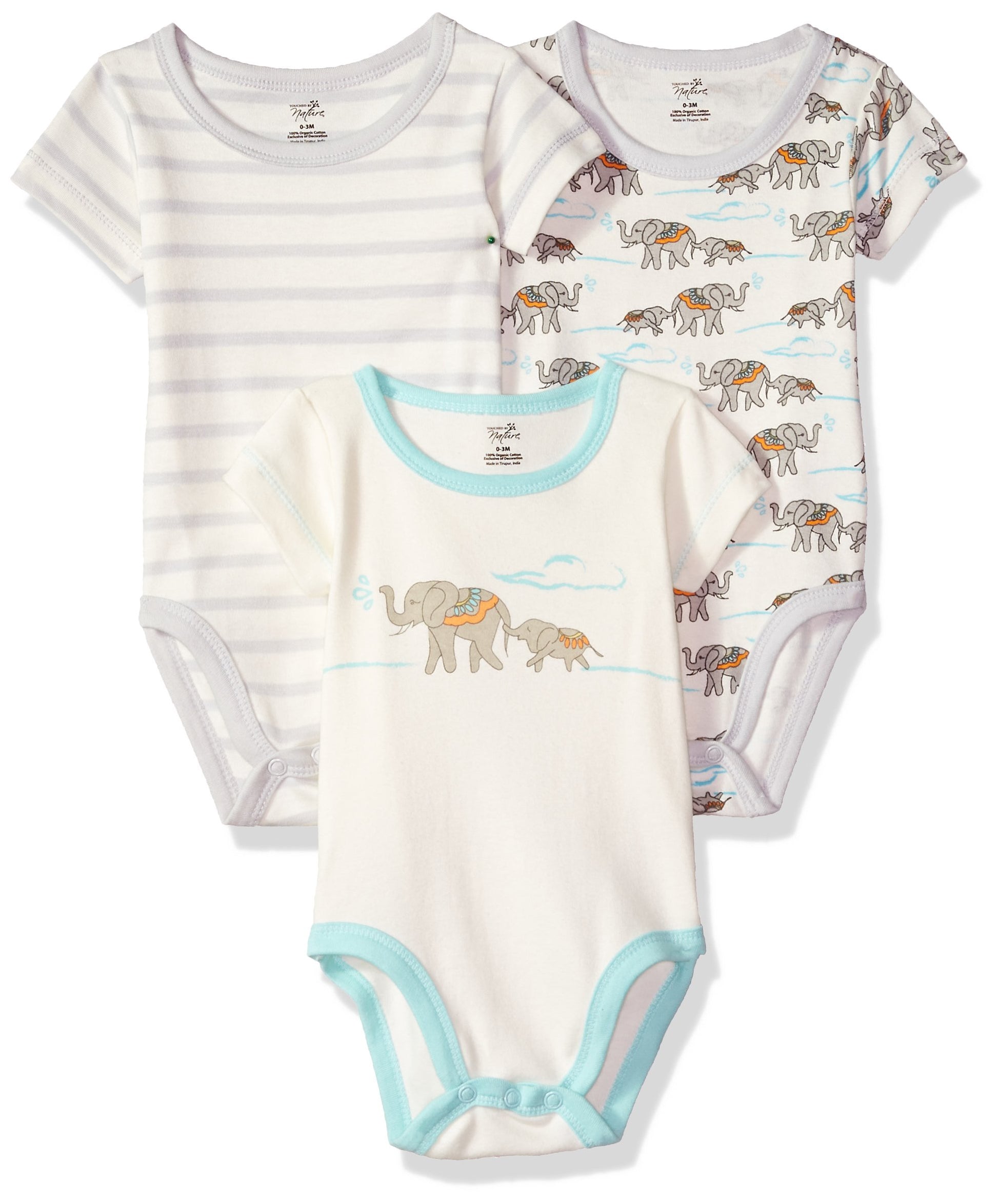 Touched By Nature Unisex Baby Organic Cotton Bodysuits, Mint Elephant 3-Pack, 3-6 Months