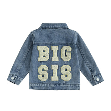 Visgogo Toddler Baby Girl Jacket Big Sis Matching Set Embroidery Jean Long Sleeve Cardigan Button Denim Coat (Blue-Big Sis, 18-2