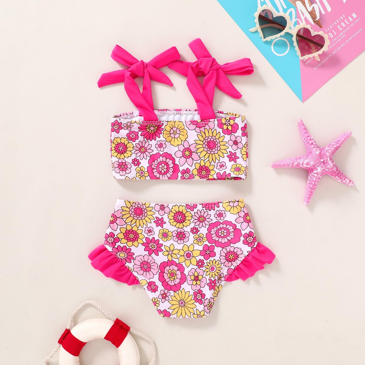 Younger Tree Toddler Girls Two Pieces Swimsuit Color Block Stripe Swimwear Summer Beach Bathing Suit 18M-5T(Roseo#Flower 12-18 M