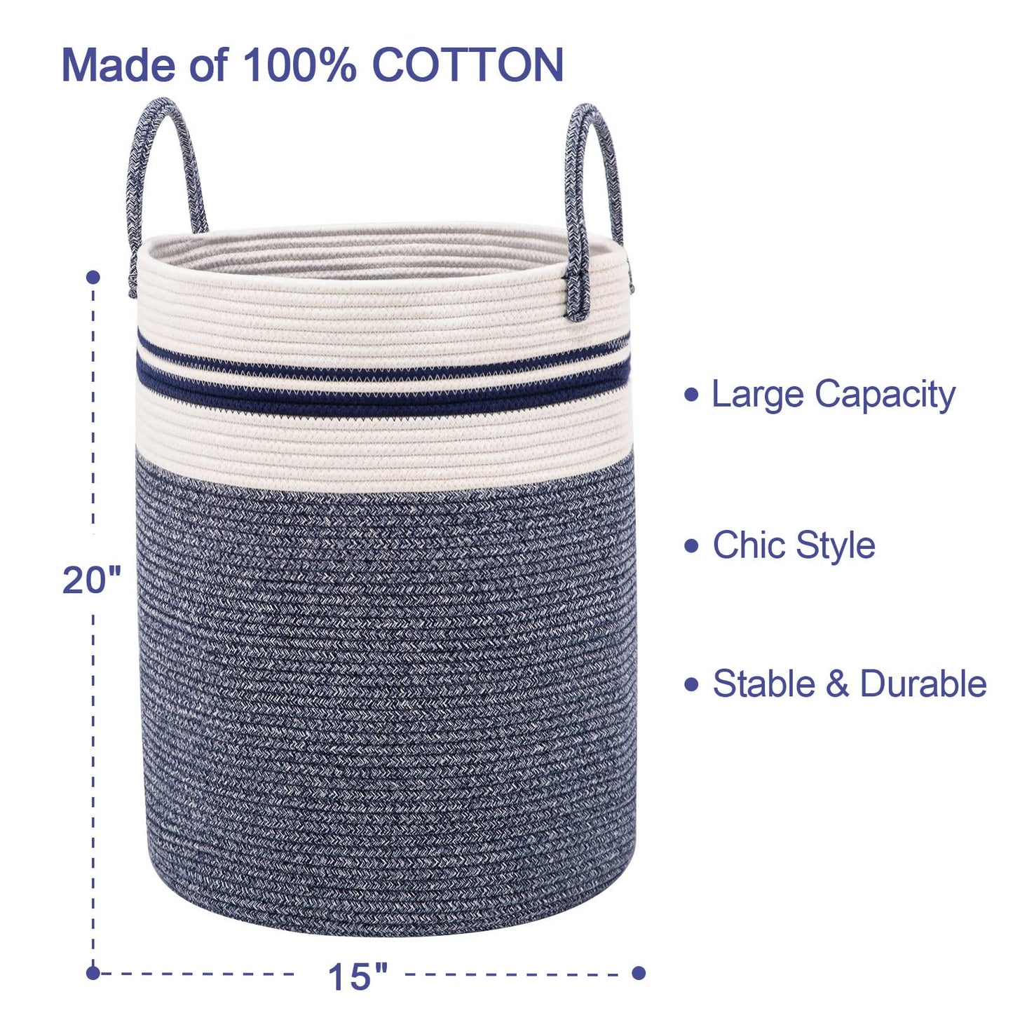 Woven Rope Laundry Hamper Basket by YOUDENOVA, 58L Tall Luandry Basket, Baby Nursery Hamper for Blanket Storage in Bedroom-Large