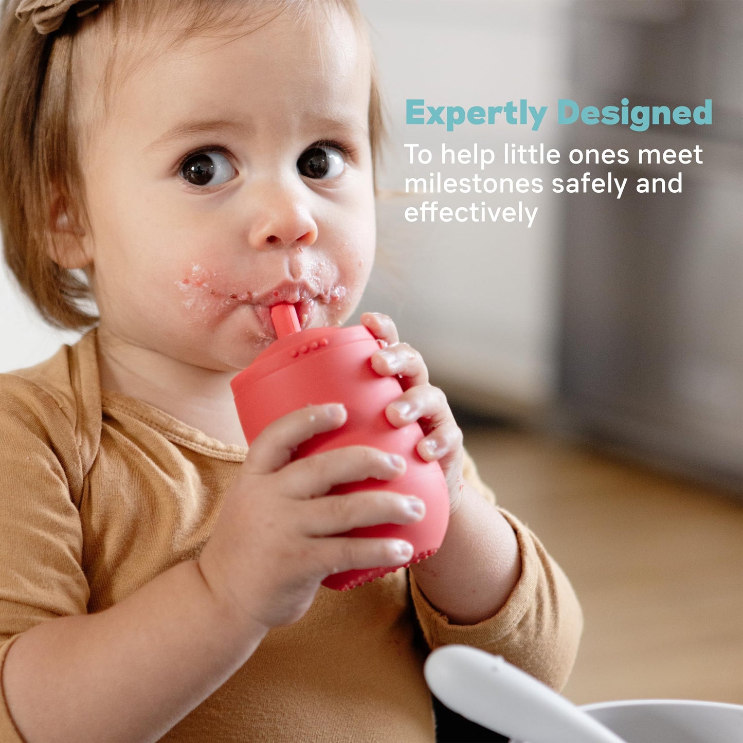 Ezpz Mini Cup + Straw Training System - 9 Months+ (Coral) - 100% Silicone Training Cup For Infants + Toddlers - Designed By A Pe