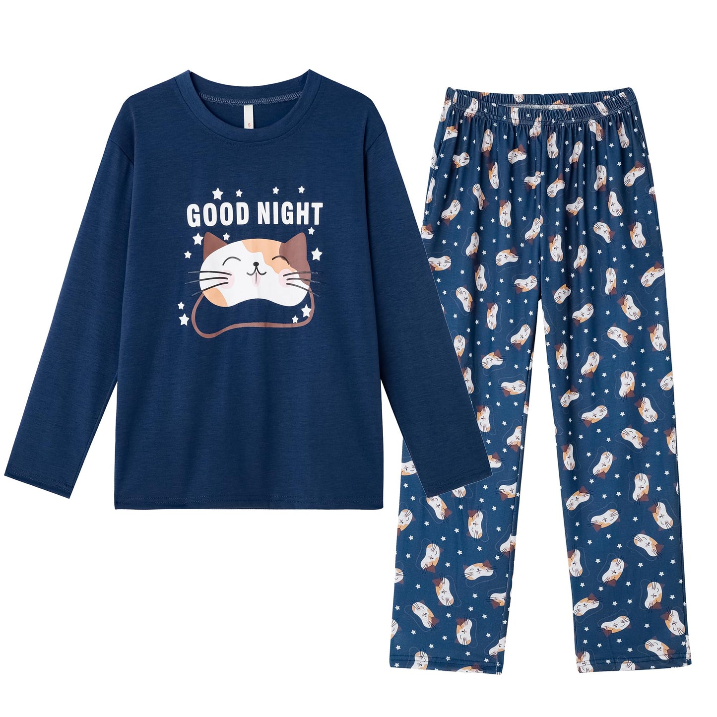 Hupohoi Girls Cotton Blend Pajama Sets Long Sleeve Long Pants Cartoon Sleepwear with Pockets Teen Girls 6 to 18 Years, Catnavy,