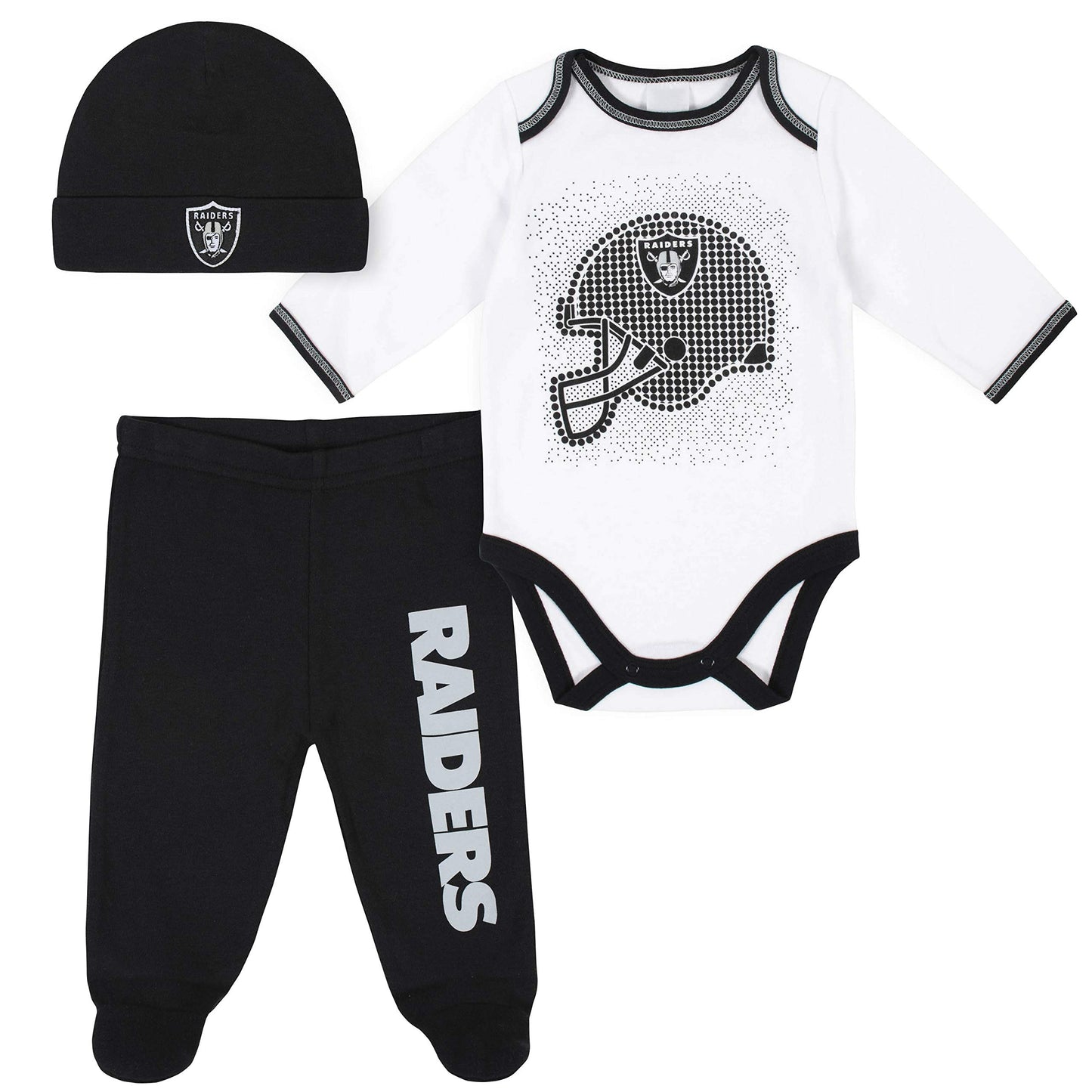 Nfl Oakland Raiders 3 Pack Bodysuit Footed Pant And Cap Registry Gift Set, Blackwhite Oakland Raiders, 6-9M