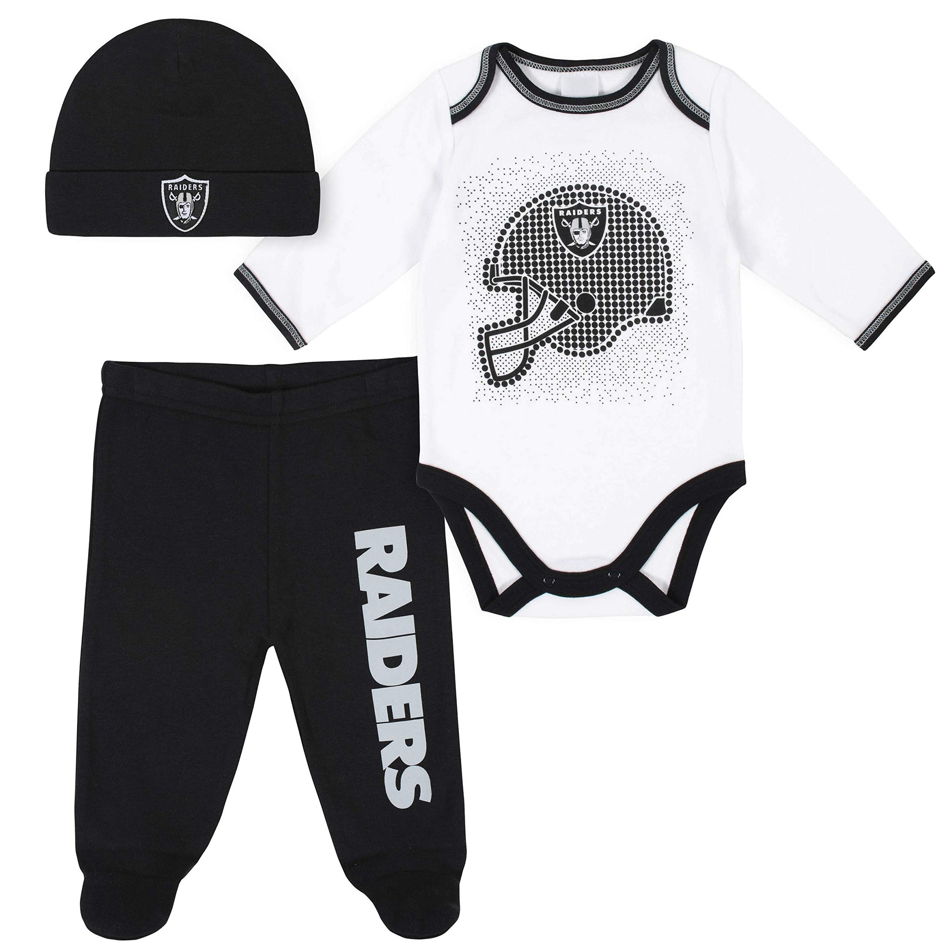 Nfl Oakland Raiders 3 Pack Bodysuit Footed Pant And Cap Registry Gift Set, Blackwhite Oakland Raiders, 6-9M