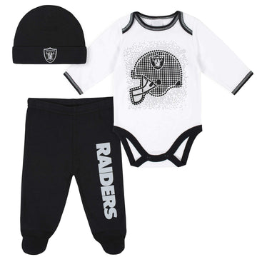 Nfl Oakland Raiders 3 Pack Bodysuit Footed Pant And Cap Registry Gift Set, Blackwhite Oakland Raiders, 6-9M