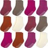 Jakidar 12 Pairs Baby Socks Cotton Crew Toddler Socks Grips Non Slip Bottom Socks, Magenta Caramel Cream 6-12M