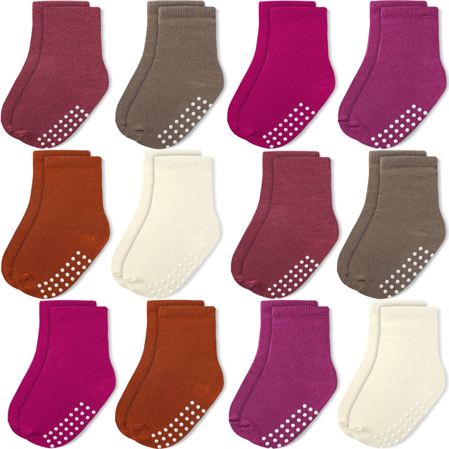 Jakidar 12 Pairs Baby Socks Cotton Crew Toddler Socks Grips Non Slip Bottom Socks, Magenta Caramel Cream 6-12M