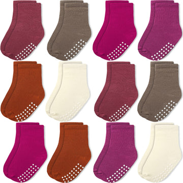 Jakidar 12 Pack Baby Socks Cotton Crew Toddler Socks Grips Non Slip Bottom Socks, Magenta Caramel Cream 12-24M