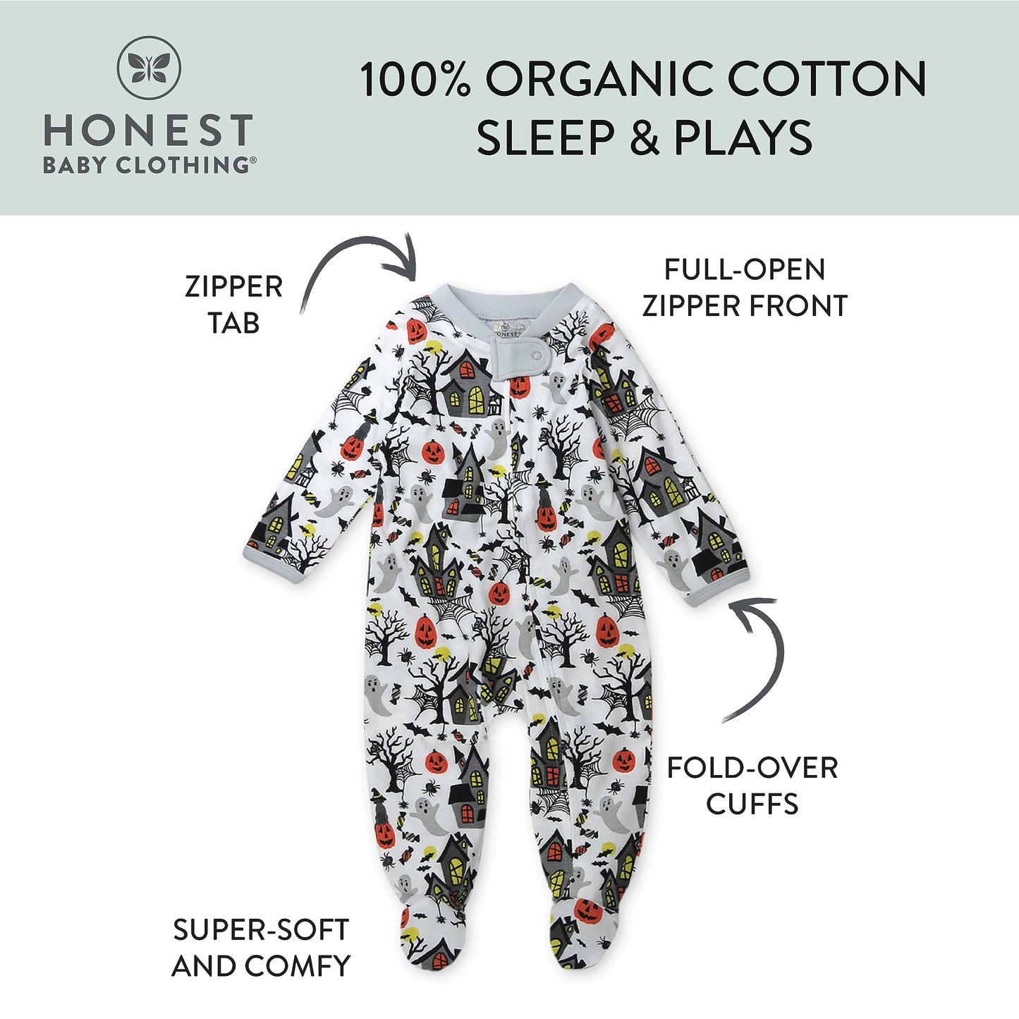 Honestbaby Sleep And Play Footed Pajamas One-Piece Sleeper Jumpsuit Zip-Front Pjs Organic Cotton For Baby Boys, Unisex, Haunted