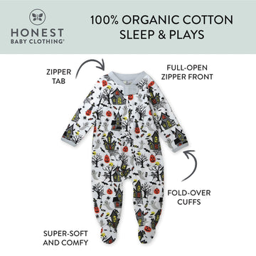 Honestbaby Sleep And Play Footed Pajamas One-Piece Sleeper Jumpsuit Zip-Front Pjs Organic Cotton For Baby Boys, Unisex, Haunted