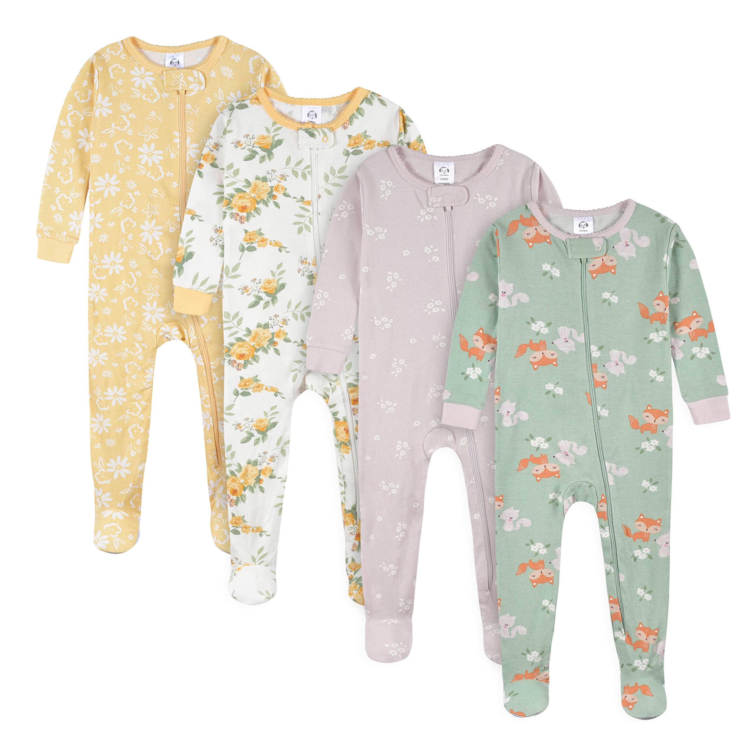 Gerber Baby Girl'S 4-Pack Footed Pajamas, Roses And Fox, 18 Months –
