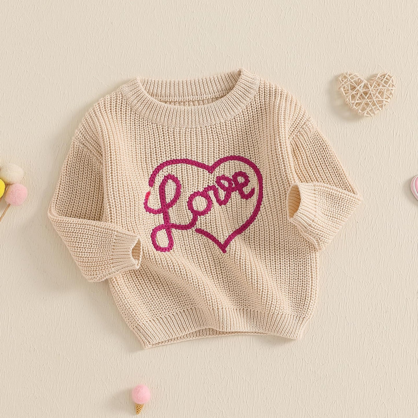 Nokpsedcb Baby Girl Cute Long Sleeve Heart Flowers Embroidery Oversized Sweater Toddler Valentine Outfit (Beige Love, 2-3 Years)