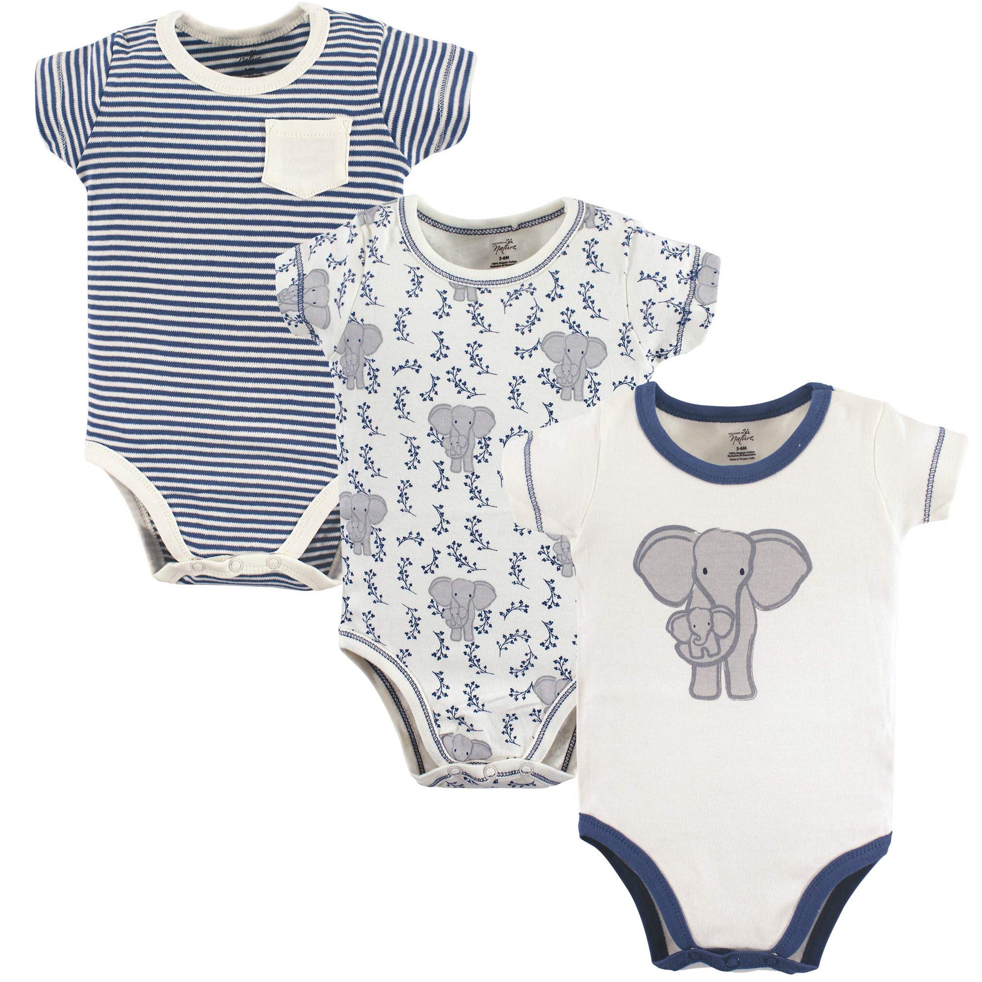 Touched By Nature Unisex Baby Organic Cotton Bodysuits, Elephant 3-Pack, 0-3 Months