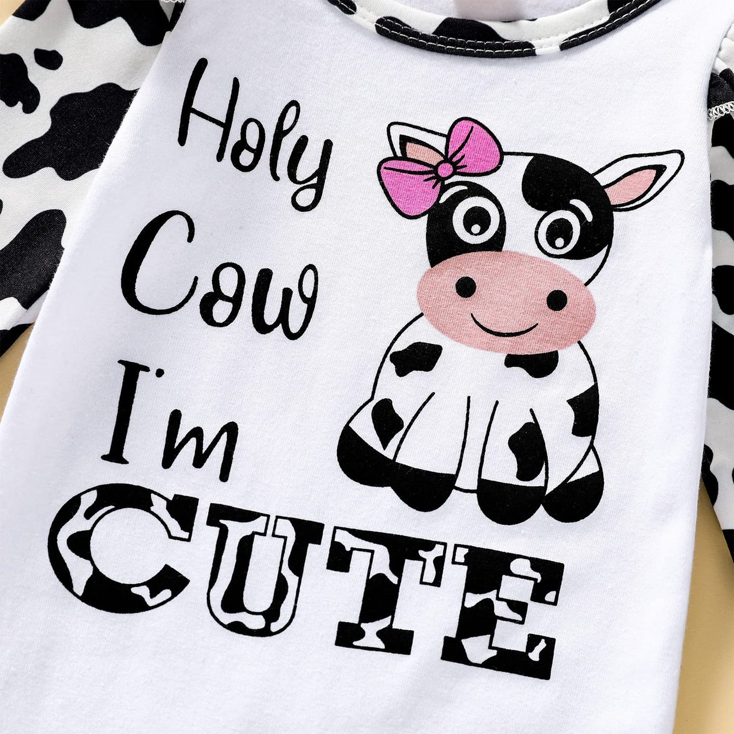 Newborn Baby Girl Romper Infant Letter Print Bodysuit Cow Jumpsuit+Hat+Headband+Gloves Coming Home Clothes Outfit 3-6 Months(Cow