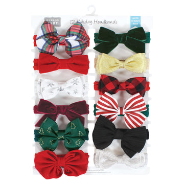 Hudson Baby Infant Girl Cotton And Synthetic Headbands, 12 Days Of Christmas Plaid, 0-24 Months