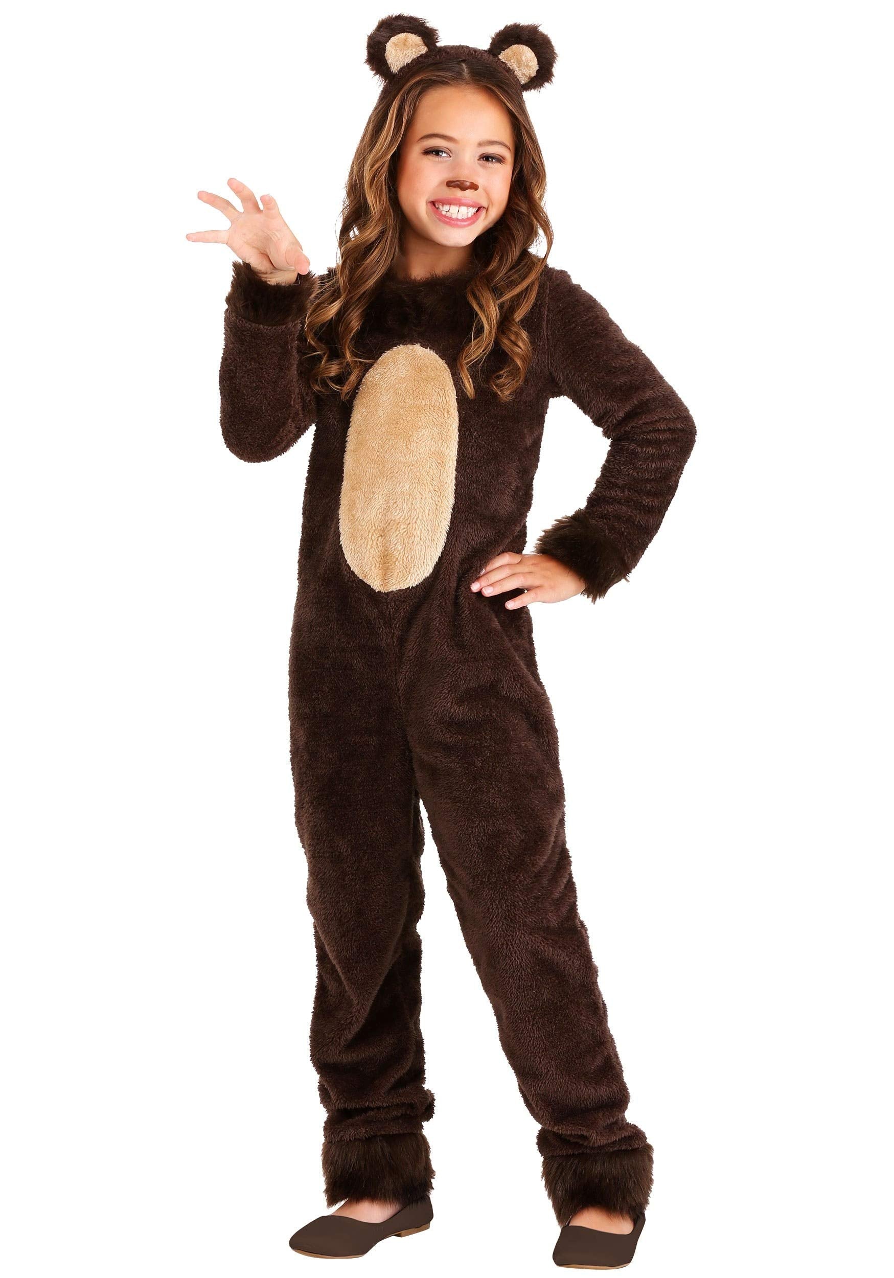 Kid'S Brown Bear Costume With Headband - Girl'S Grizzly Bear Jumpsuit - Child Animal Halloween Costume S