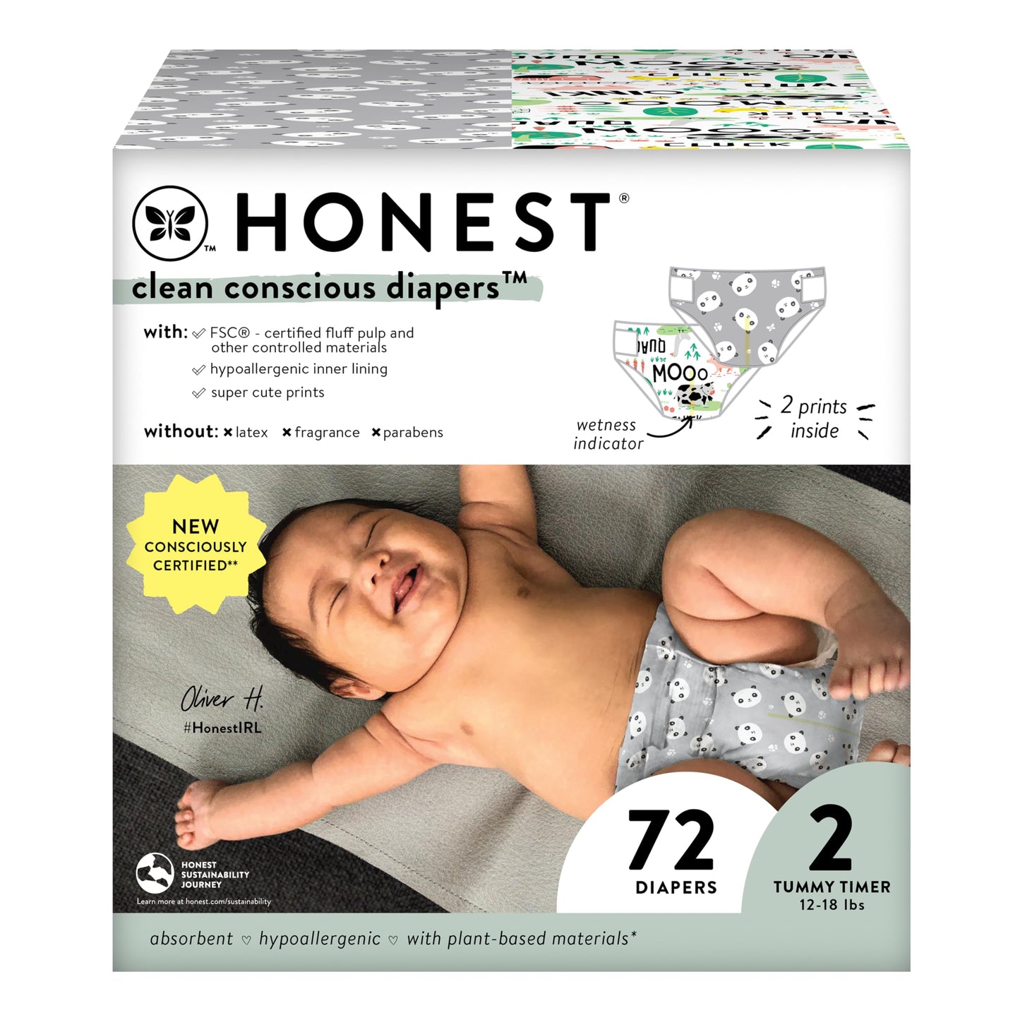 The Honest Company Clean Conscious Diapers | Plant-Based, Sustainable | Pandas + Barnyard Babies | Club Box, Size 2 (12-18 Lbs),