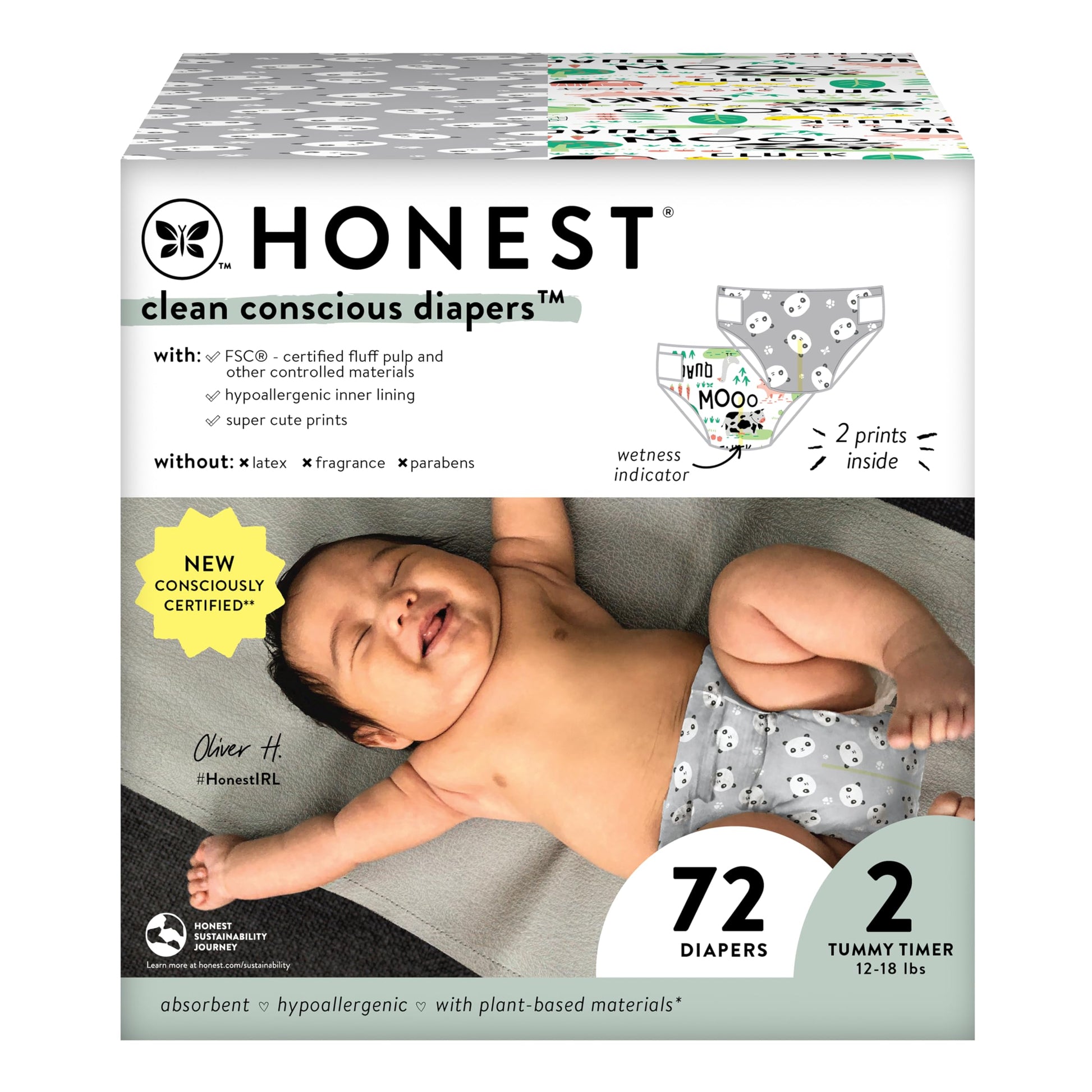 The Honest Company Clean Conscious Diapers | Plant-Based, Sustainable | Pandas + Barnyard Babies | Club Box, Size 2 (12-18 Lbs),