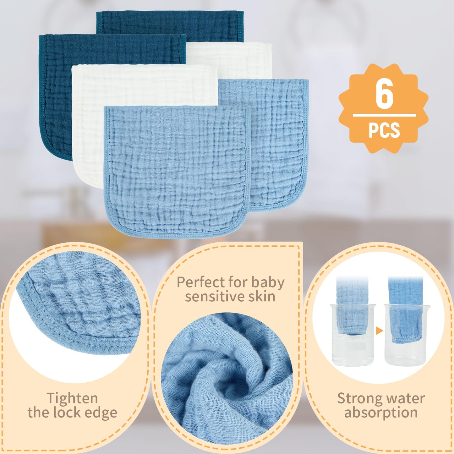 Migiol Baby Burp Cloth 100% Cotton Newborn Cotton Muslin Burp Cloth 10X20 Inches (White & Blue 6 Pieces)