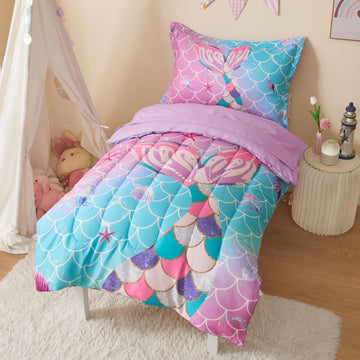Suchbed Mermaid Tail Toddler Bedding Set Crib Bedding Set For Girls 4 Pieces With Toddler Comforter, Toddler Bed Sheets, Pillowc