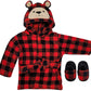 Rising Star Baby Robe - Plaid Bear Baby Bathrobe Towel & Slippers - Bath Robe Spa Set - Best Shower For Boys