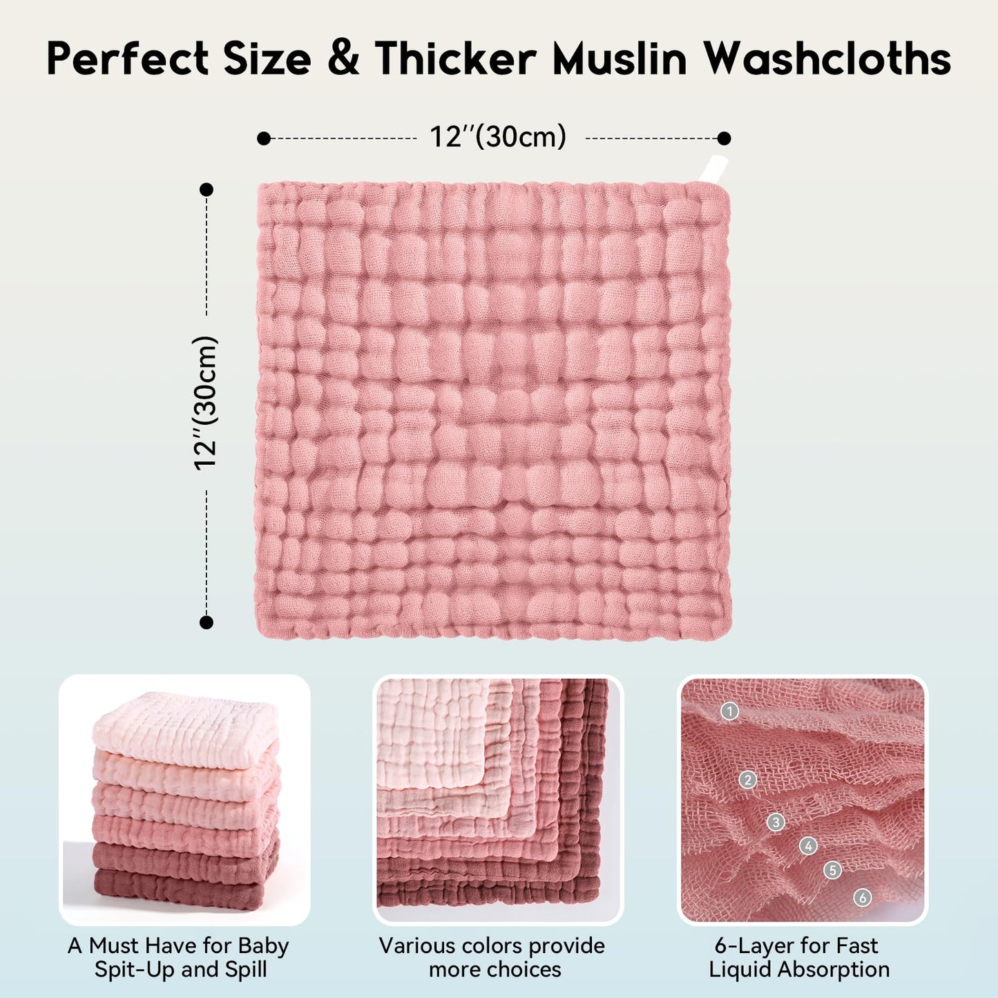 Unnivoll Muslin Baby Washcloths 6 Pack, 100% Cotton Wash Cloths For Babies, Large 12''X12'' Burp Cloths Absorbent And Soft For N