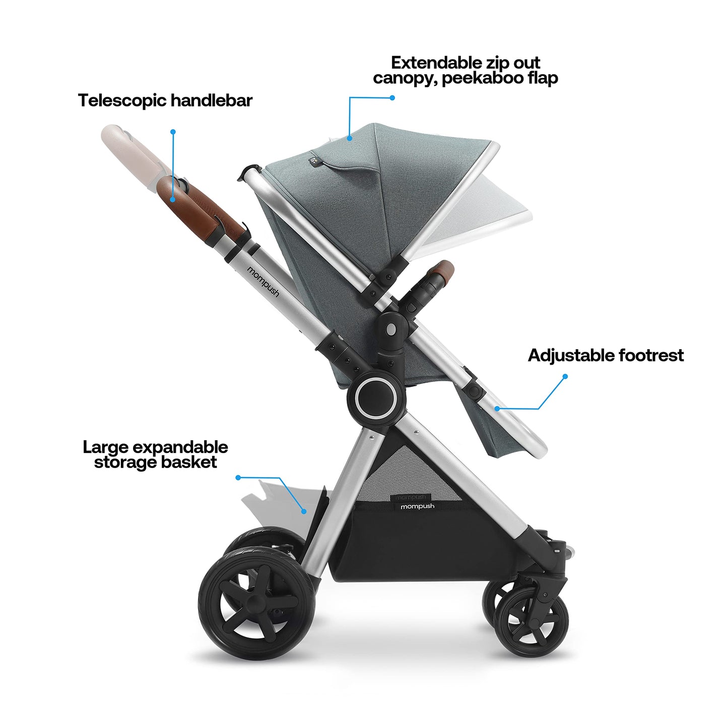 Mompush Ultimate2 Baby Stroller for Toddler with Removable Bassinet & Reversible Seat, Smooth Glide Bassinet Stroller, Full-Size