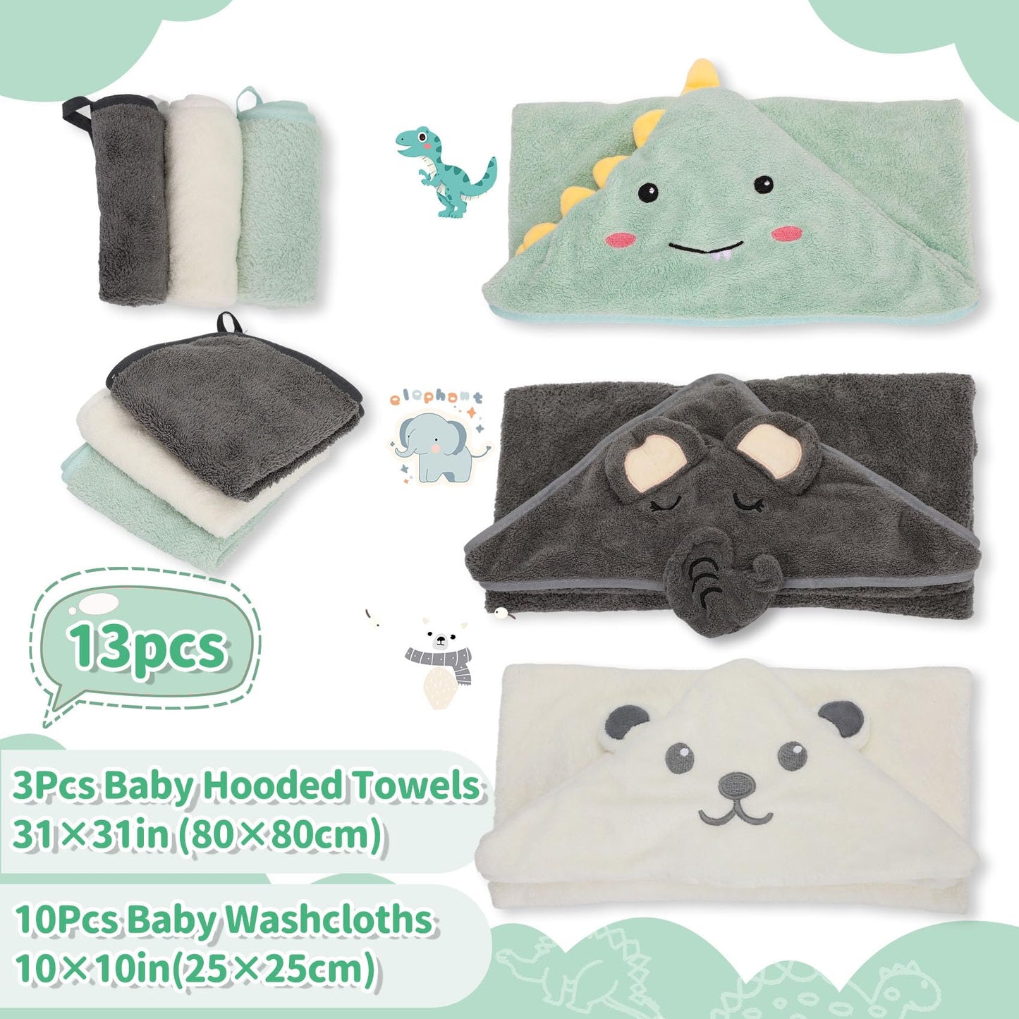 Saranna Baby Hooded Towels for Newborn 13pcs, Soft Baby Bath Towels and Washcloths Set for Toddlers, Infant Towels with Hood Set