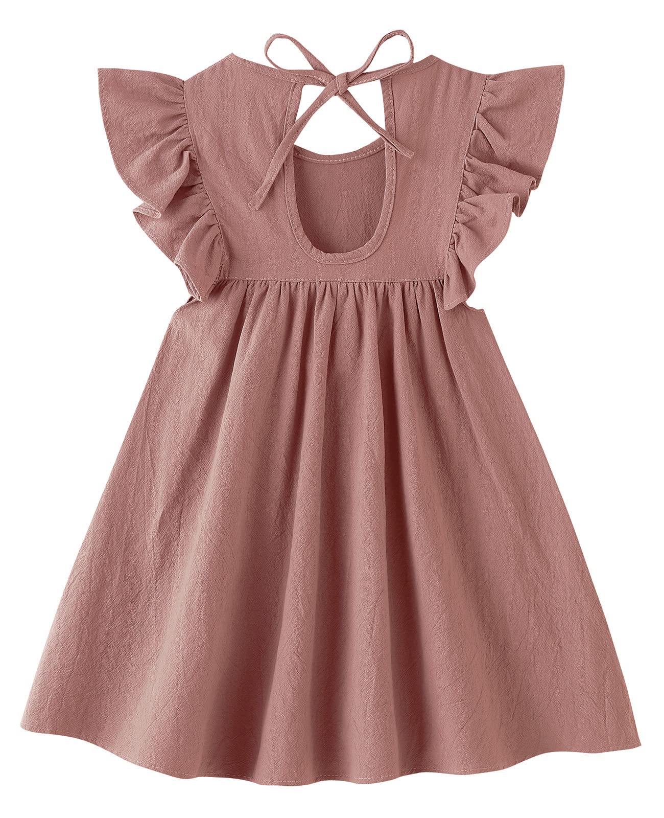 Lyxiof Toddler Baby Girl Cotton Linen Dress Ruffle Sleeve Halter Sleeveless Kids Casual Dresses Dark Pink 110Cm
