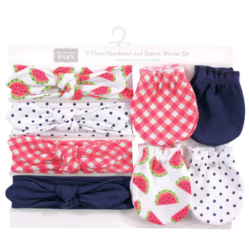 Hudson Baby Infant Girl Cotton Headband And Scratch Mitten Set Watermelon, 0-6 Months
