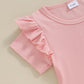 Kupretty Toddlers Baby Girls Summer Clothes Set Ruffle Ribbed Knit Short Sleeves T-Shirt Tops Shorts Comfy Outfits (A Pink, 12-1