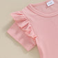 Kupretty Toddlers Baby Girls Summer Clothes Set Ruffle Ribbed Knit Short Sleeves T-Shirt Tops Shorts Comfy Outfits (A Pink, 3-4