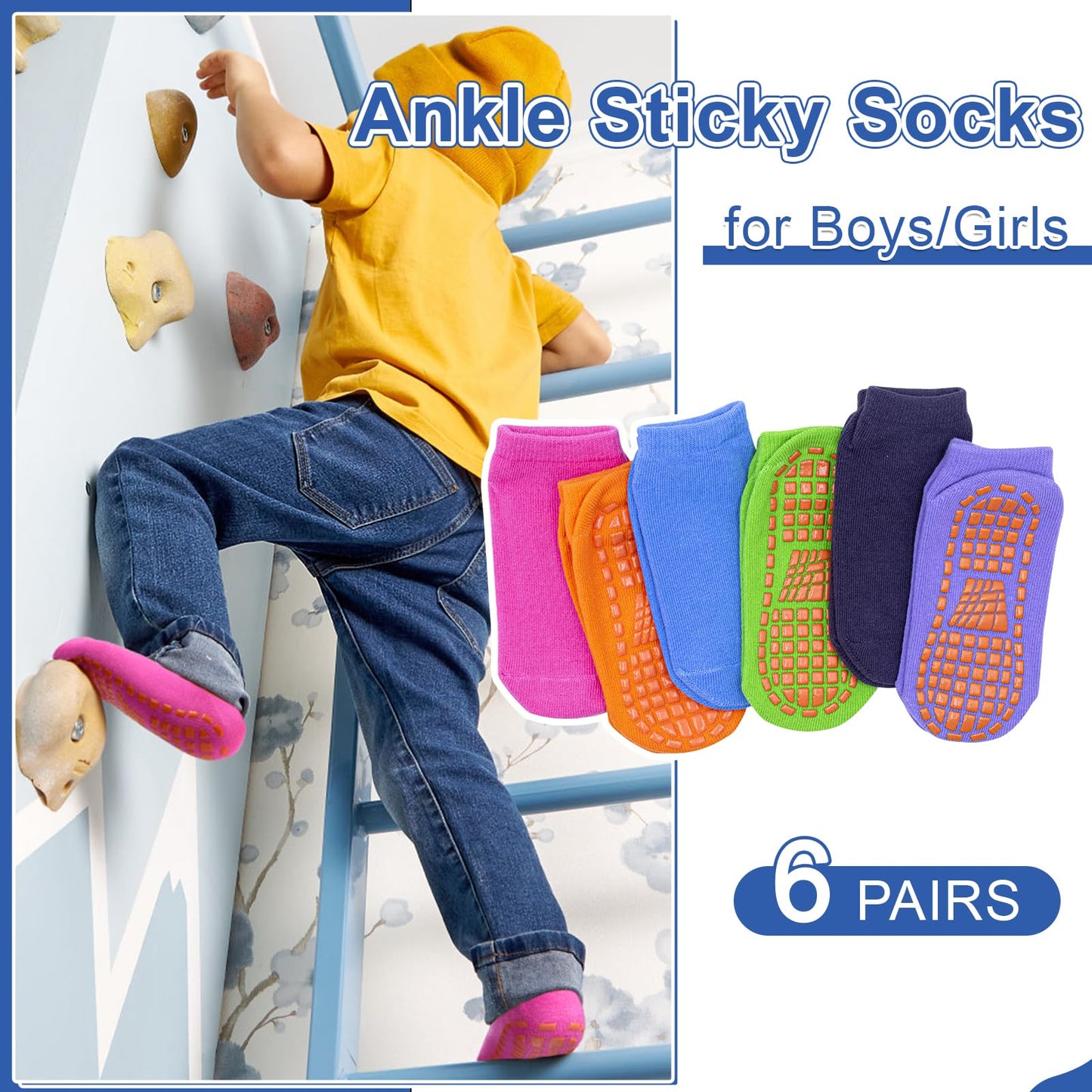 Hycles Boys Girls Non-Slip Toddler Socks Grip Ankle Sticky Sock Anti-Skid Socks For Kids 6 Pairs For 6-9 Years Kids