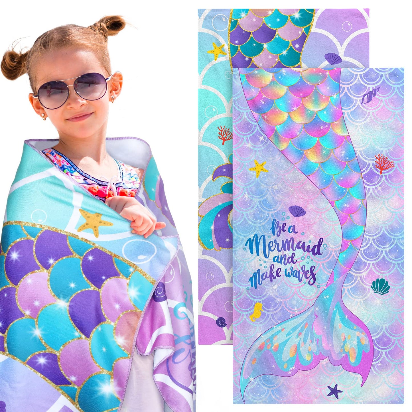 Yahenda 2 Packs Mermaid Beach Towel for Kids Quick Dry Beach Swimming Bath Pool Towel for Kids Girls Travel Shower Swimming Camp