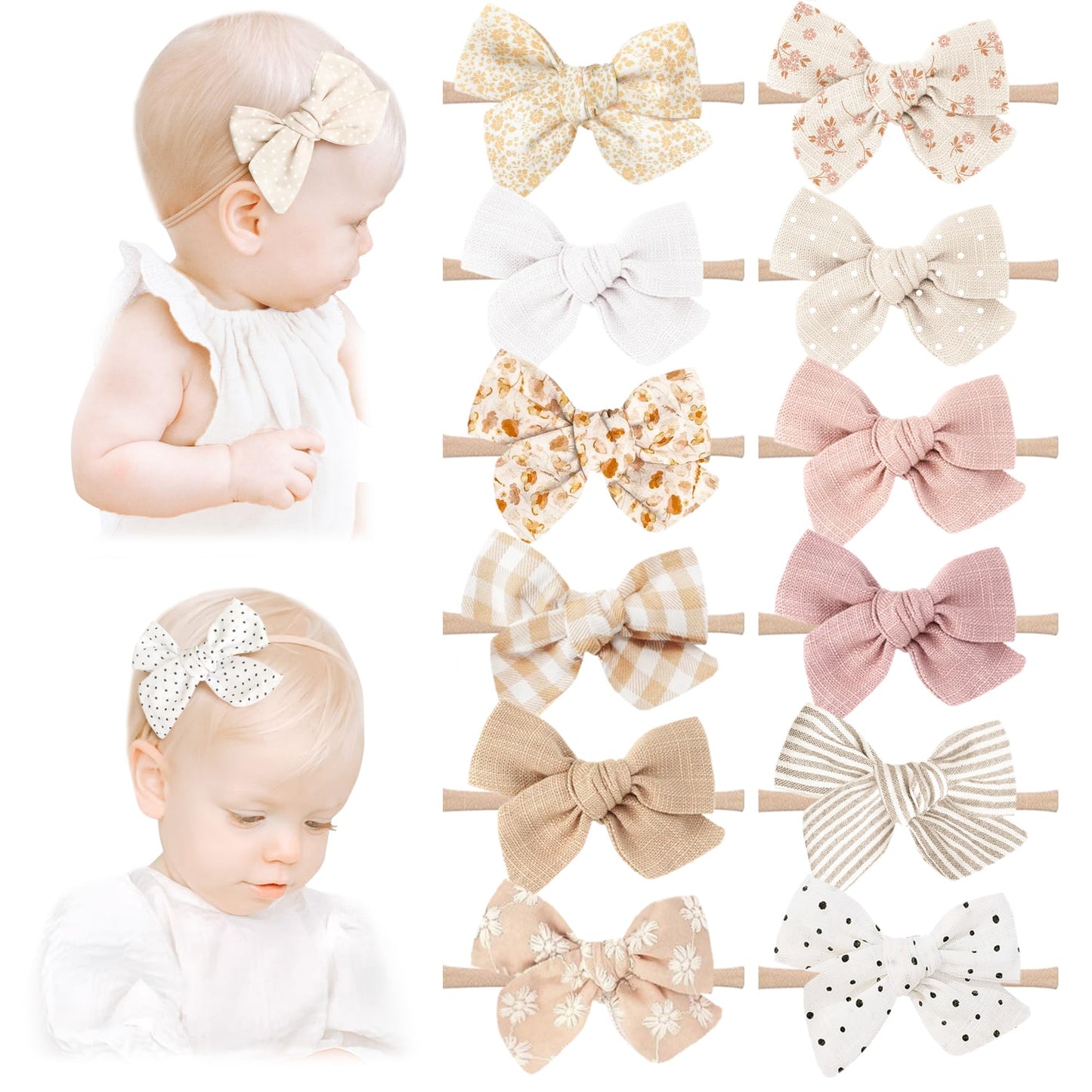 Niceye Handmade Hair Accessories: 12 Packs Of Stretchy Nylon Headbands And Bows For Newborns, Infants, Toddler Girls
