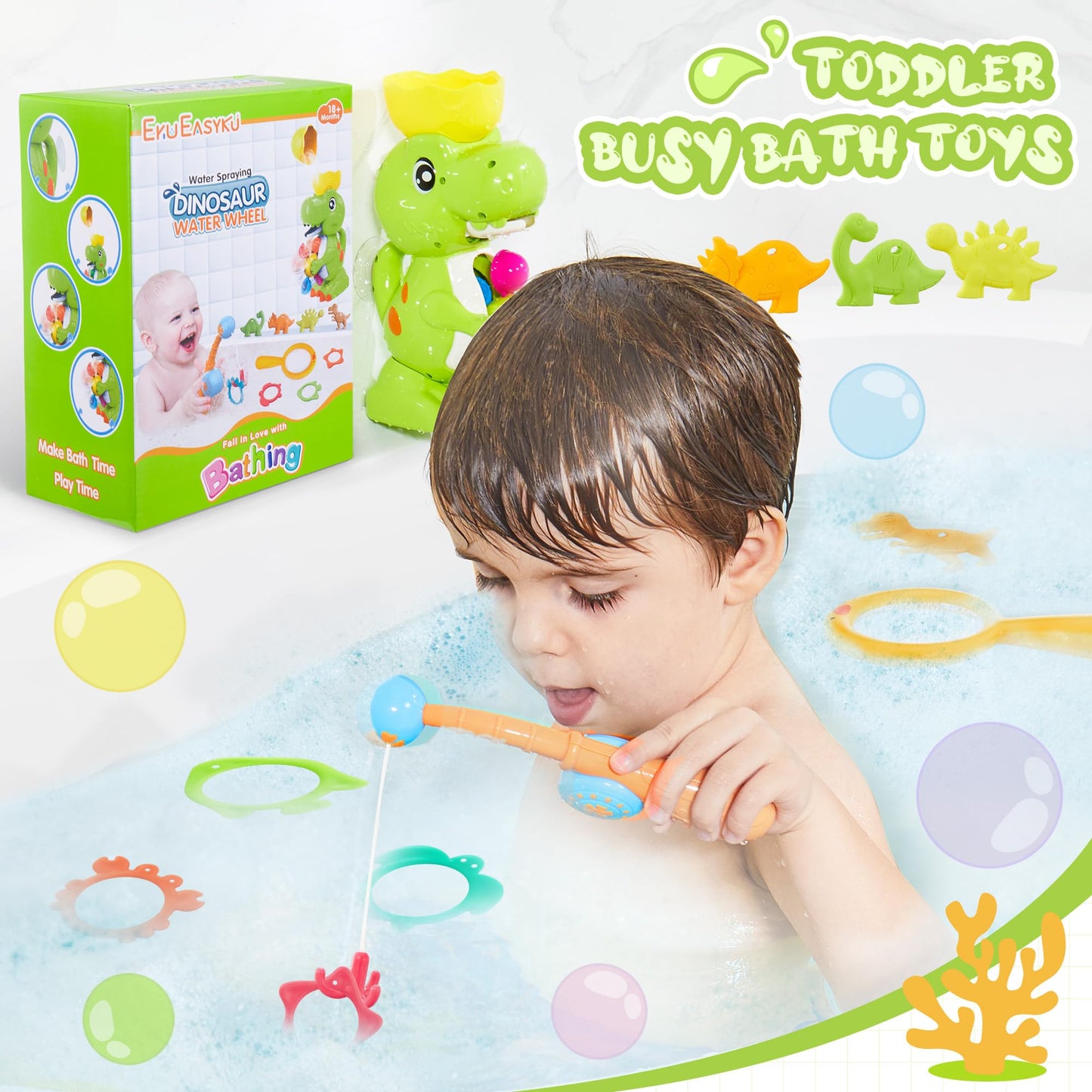 EKUEASYKU Dinosaur Bath Toys for Kids Ages 1-3 2-4 4-8 Toddler Bath Toys Whirling Waterfall Water Toys Fishing Games Bathtub Bat