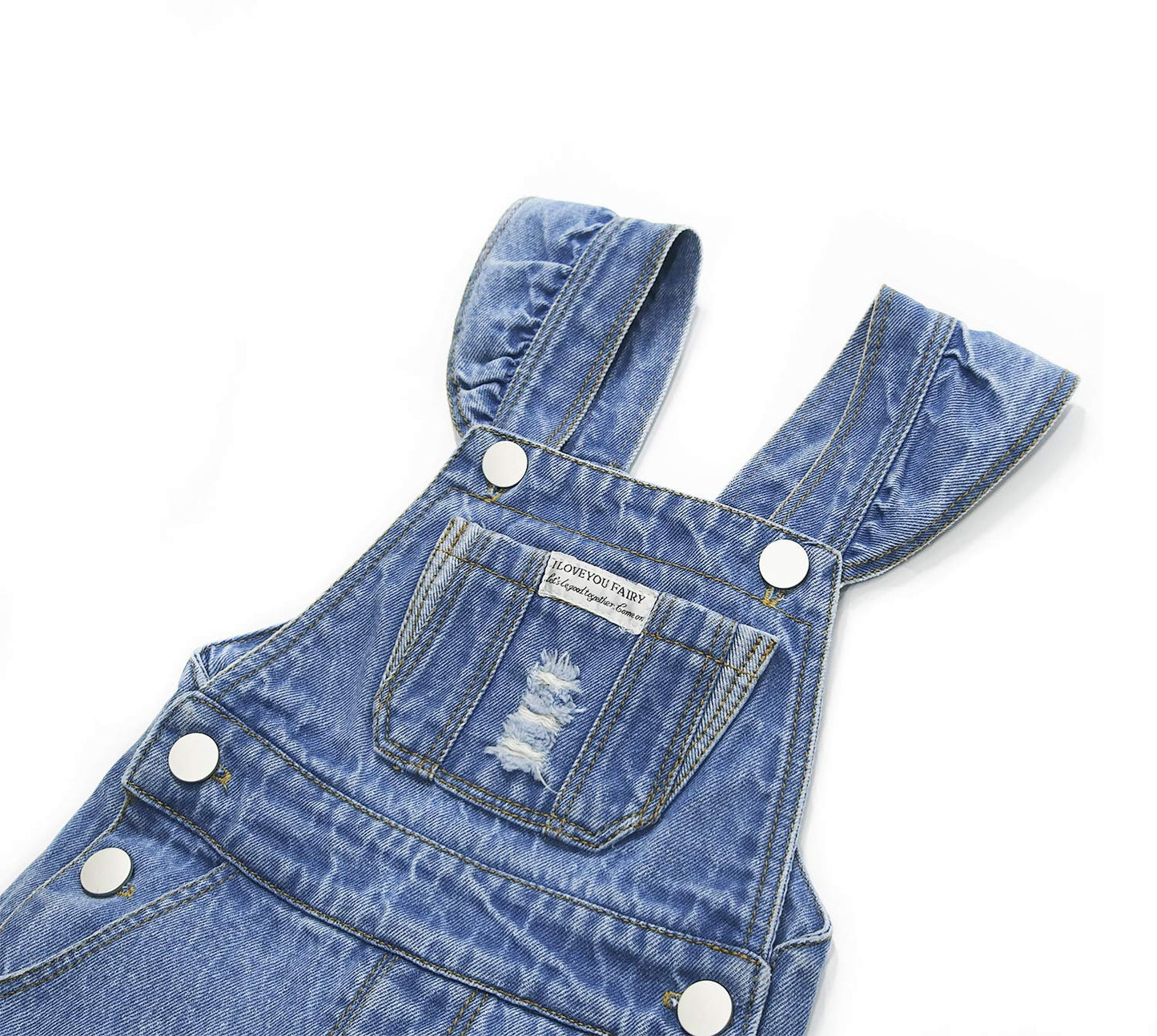 Kidscool Space Baby & Little Girls Big Bib Pocket Ripped Letter Ruffled Jeans Overalls,Blue,18-24 Months