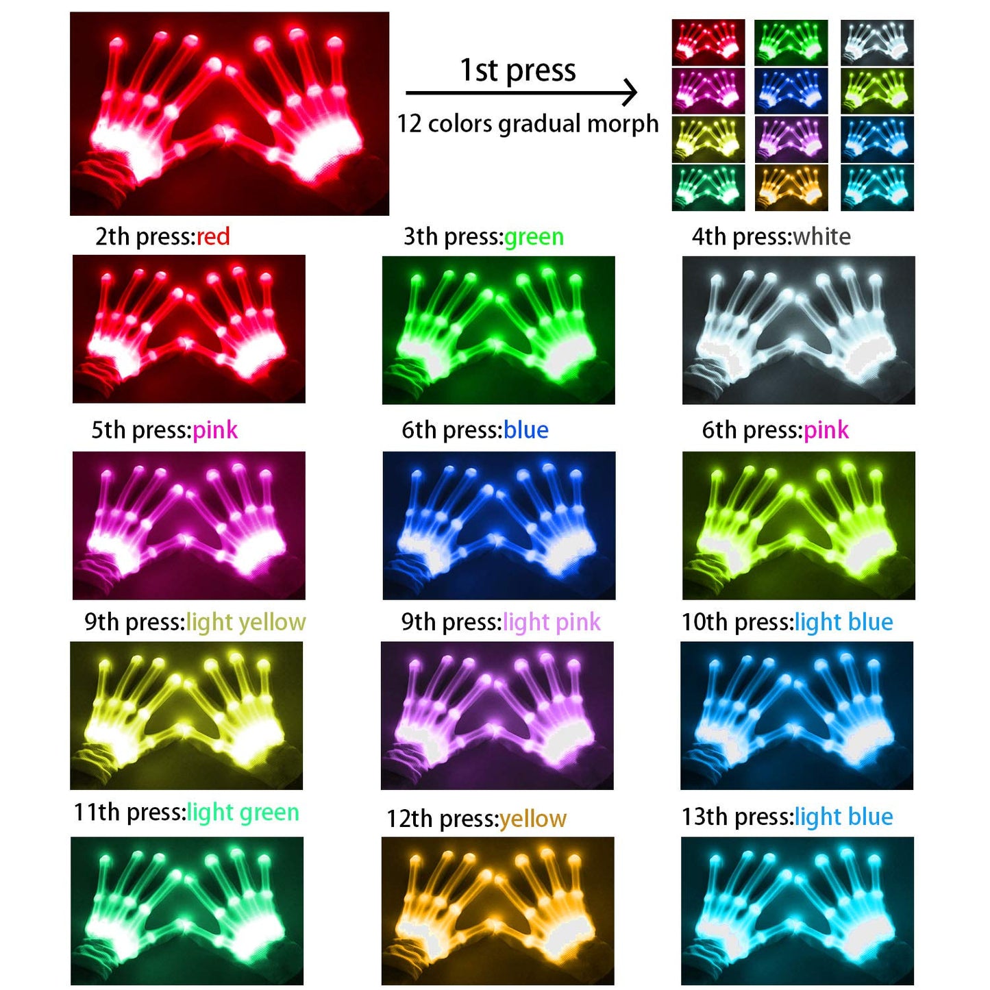Vicsport Cool Toys Led Gloves 12 Color Changeable Lights Halloween Costumes Light Up Gloves Cool Fun Gifts Stocking Stuffers For