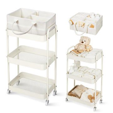 Fortella Baby Diaper Caddy, 3 Tier Rolling Storage Cart for Baby Essentials, Diaper Cart with Detachable Dividers, Storage Organ