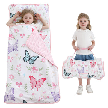 Viviland Toddler Kid Nap Mat for Preschool, White Butterfly Slumber Bag, Daycare Sleeping Bag with Pillow and Blanket, Kindergar