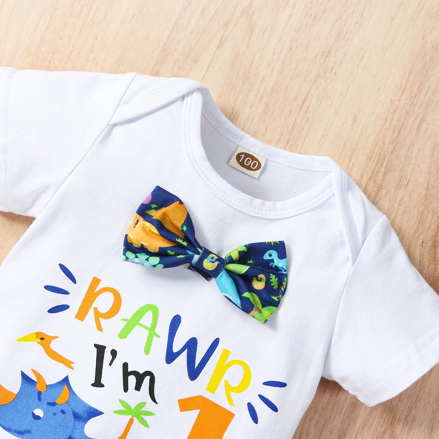 Vivifayee Baby Boy First Birthday Outfit Dinosaur Halloween Short Sleeve Bowtie Rompers Shorts Set With Suspenders One Year Old