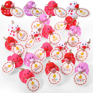 Jerify 48 Pcs 2 Inch Mini Valentine Rubber Duckies with Gift Cards Valentines Day Heart Rubber Ducks Bath Toys for Classroom Ex
