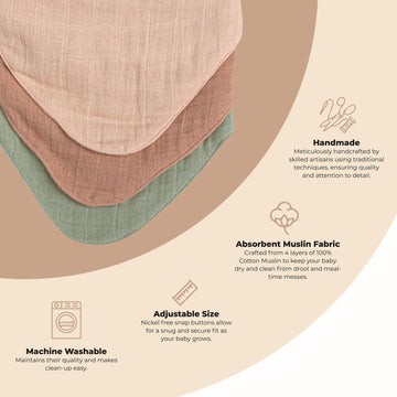 Crane Baby Soft Muslin Baby Bib Set, Adjustable And Absorbent Bandana Style Bibs For Boys And Girls, Rose, 3 Piece, 18.5    X 9