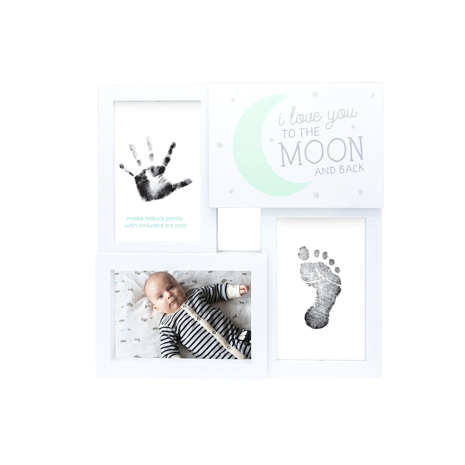 Tiny Ideas Baby Prints Collage Keepsake Frame With Included Ink Pad, Love You To The Moon And Back, Mint/White/Black, 4' X 6'