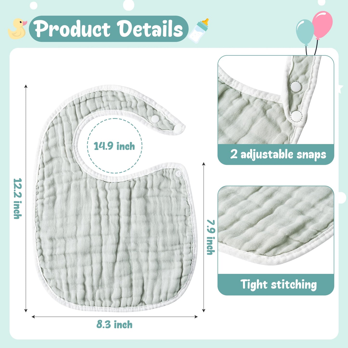 Zainpe 6Pcs Snap Muslin Cotton Baby Bibs White Grey Infants Drooling Bib Soft & Absorbent Adjustable Unisex Burp Cloths Feeding