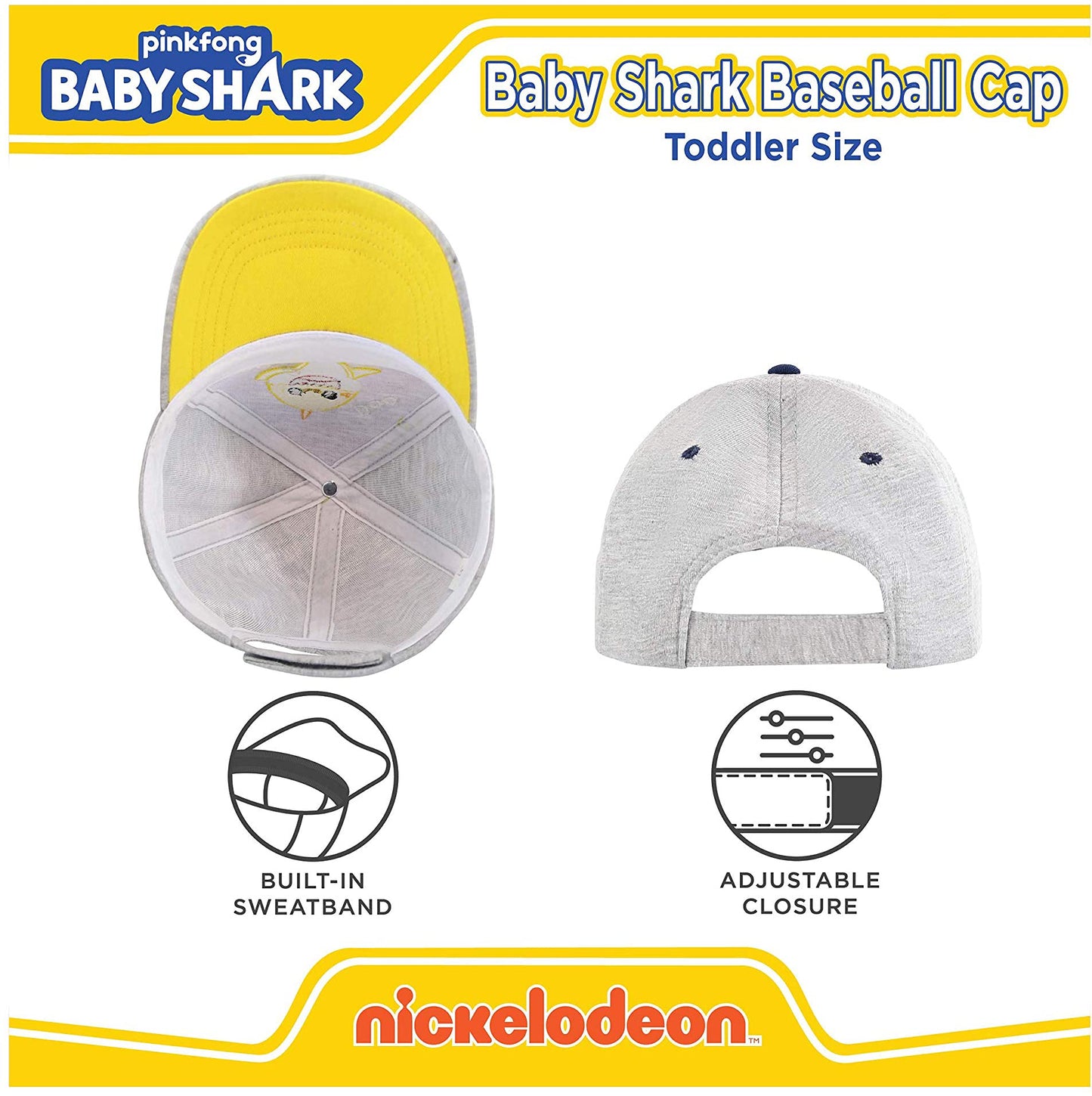 Nickelodeon Boys Baseball Cap, Baby Shark Adjustable Toddler Hat For Ages 2-4, Gray