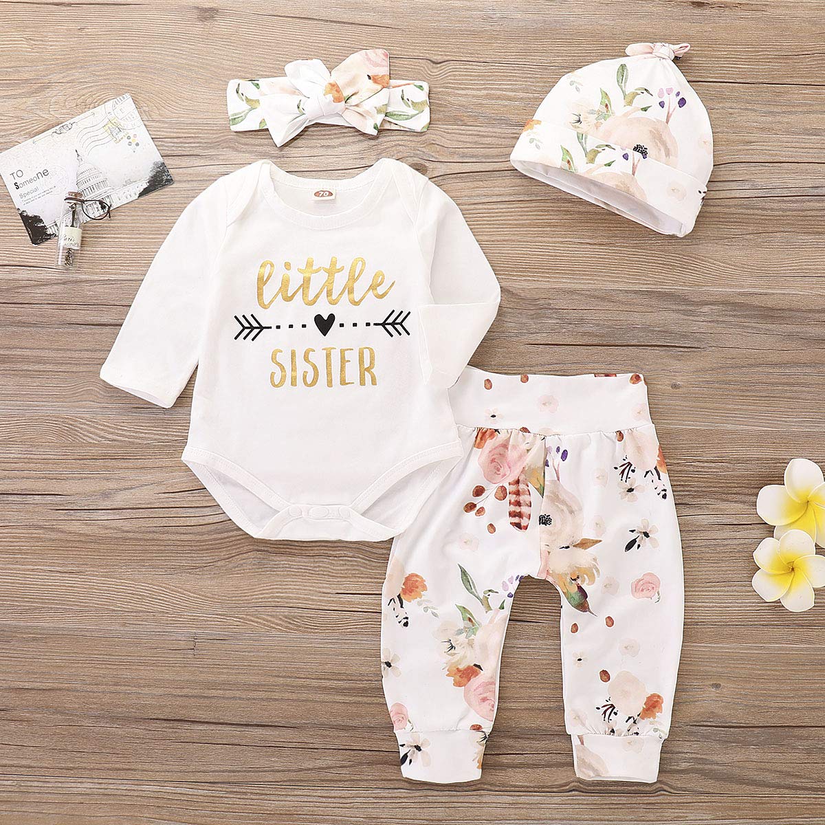 4Pcs Infant Girl Outfits Baby Sister Bodysuit Tops Floral Leggings Pants Set Bowknot Headbands Newborn Clothes (Little Sister,0-
