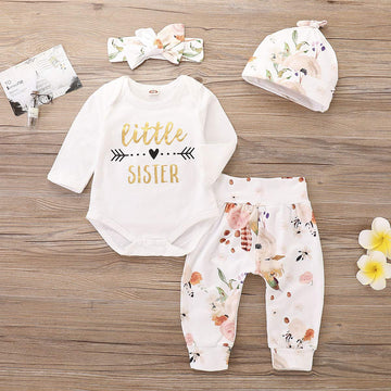 4Pcs Infant Girl Outfits Baby Sister Bodysuit Tops Floral Leggings Pants Set Bowknot Headbands Newborn Clothes (Little Sister,0-